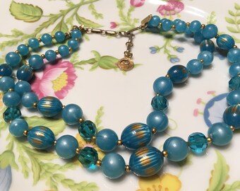 Vtg Lisner Blue Moonglow Lucite Plastic Bead Necklace