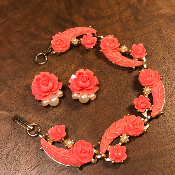 Vintage Carved Faux Coral Roses With Faux Pearls Bracelet And Earrings Demi Parure