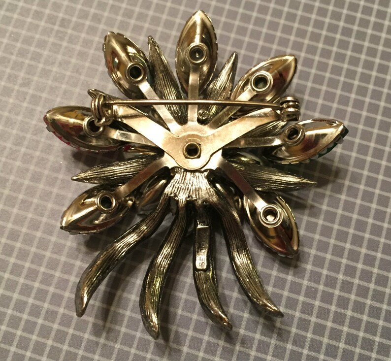 And Aqua Rhinestone Floral Brooch Green Vintage Selini Pink