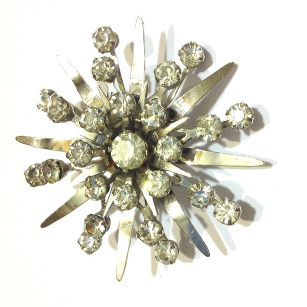 Estilo atómica plata brillante broche Sunburst Vintage 1950