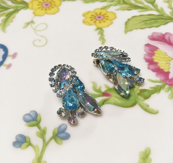 Vintage WEISS Sparkling Shades Of Blue Halo Ear C… - image 2