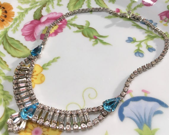 Vintage Sparkling Clear And Aqua Rhinestone Neckl… - image 2