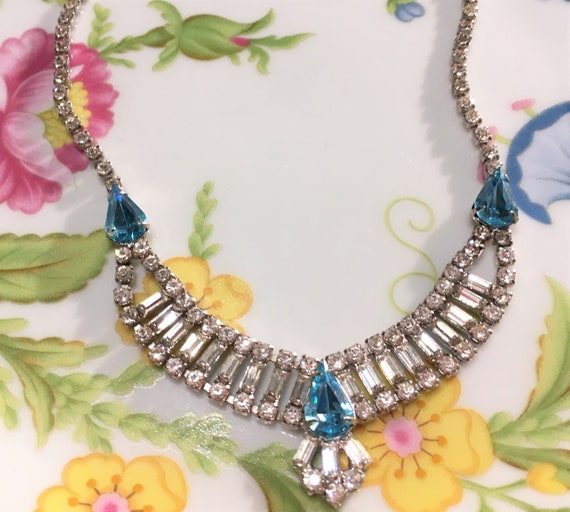Vintage Sparkling Clear And Aqua Rhinestone Necklace