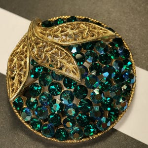 Vintage Sparkling Emerald Green And AB Rhinestone Domed Leaf Brooch