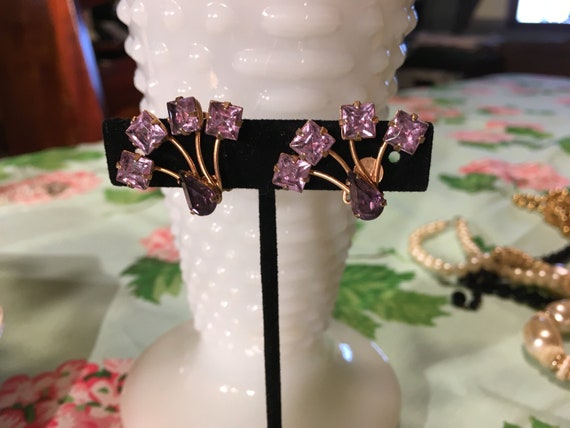 Vintage Lavender And Amethyst Rhinestone Fan Earr… - image 2