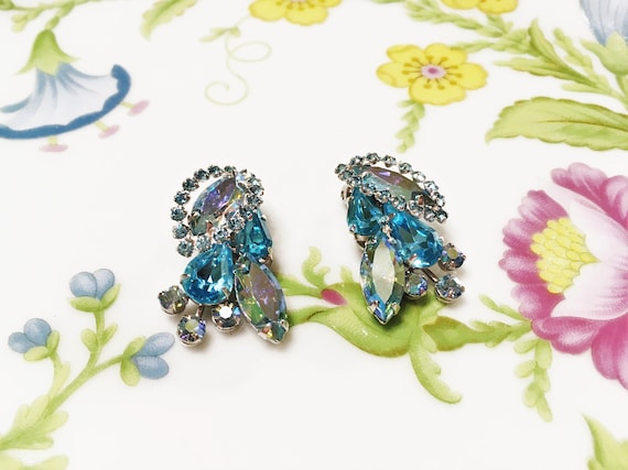 Vintage WEISS Sparkling Shades Of Blue Halo Ear C… - image 1