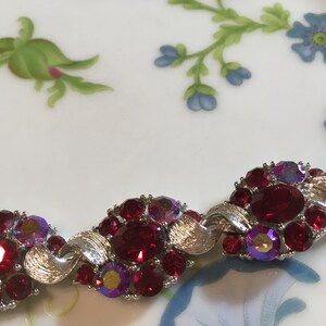Vintage LISNER Ruby Red and Red Aurora Borealis Rhinestones Bracelet ...