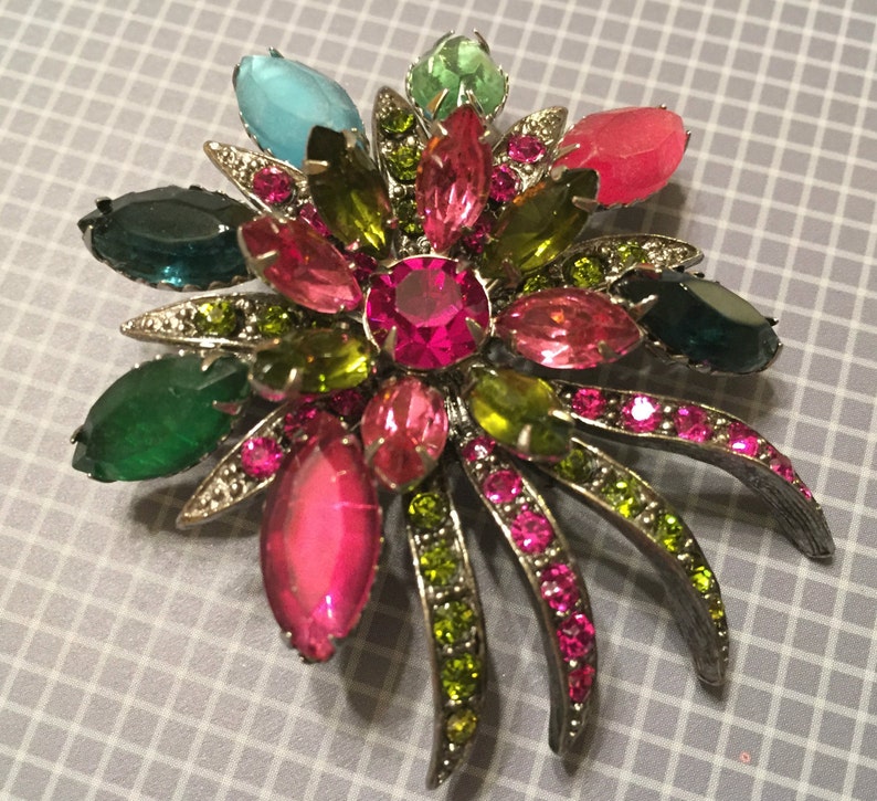 And Aqua Rhinestone Floral Brooch Green Vintage Selini Pink