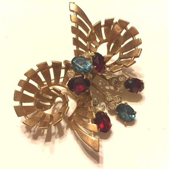 Art Deco Brass Ribbon Bow Brooch with Ruby, Sapphire Rhinestones