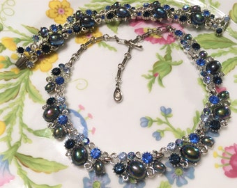 LISNER vintage bleu saphir cabochons irisés et strass collier et bracelet demi-parure