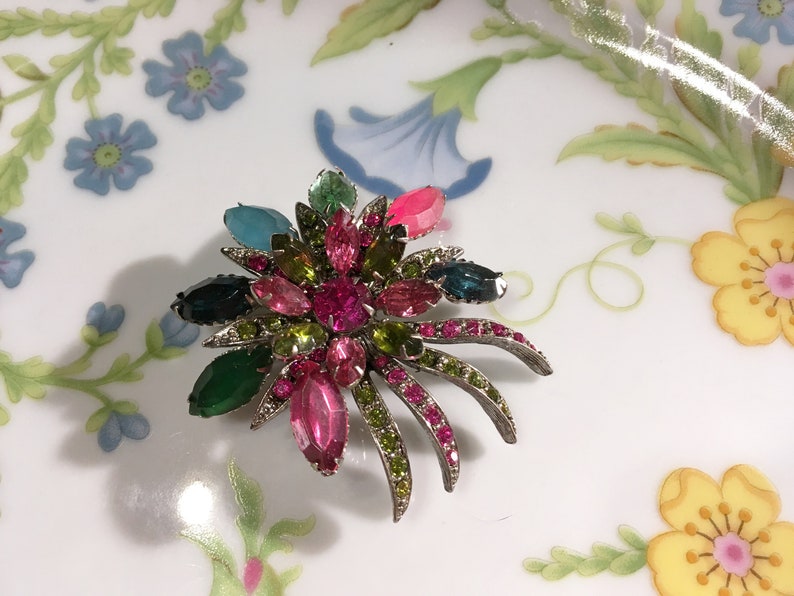 And Aqua Rhinestone Floral Brooch Green Vintage Selini Pink
