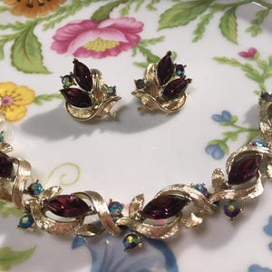 Vintage LISNER Amethyst Rhinestone Bracelet And Earrings Demi Parure