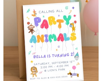 Invitación de cumpleaños infantil / Fiesta unisex con temática de animales