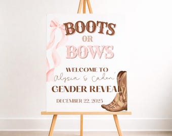Letrero de bienvenida para revelación de género con temática de botas o lazos / Póster para baby shower con temática del Oeste (Descarga digital)