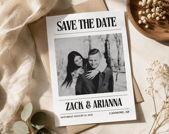 Plantilla minimalista de periódico para anunciar la fecha de tu boda con foto / Plantilla editable de Canva de 5x7 pulgadas / Descarga instantánea