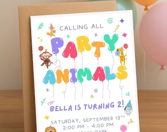 Plantilla de invitación de cumpleaños con temática de animales de fiesta