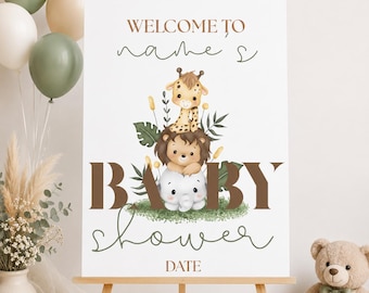 Letrero de bienvenida para baby shower con temática de safari / Decoración unisex con animales de la jungla / Descarga instantánea de plantilla
