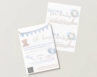 Invitación para baby shower con osito de peluche azul (plantilla de Canva)