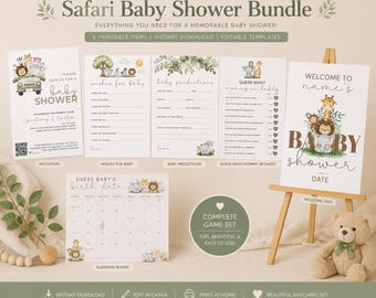 Paquete de artículos para baby shower con temática de safari - Descarga digital editable
