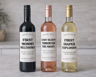 Etiquetas de vino para celebrar los hitos de la nueva paternidad: un regalo divertido y original para un baby shower.