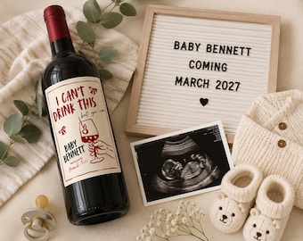 Etiqueta de vino para anunciar el embarazo / Divertida pegatina para botella de vino para revelar la llegada del bebé / Anuncio de bebé personalizado / "No puedo beber esto"