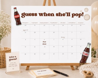 Listo para dar a luz: Calendario con juego de adivinanzas para baby shower / Tema de refrescos vintage (Plantilla de Canva)