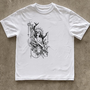 Gothic Angel T-Shirt – Vintage Black Art Print on White Tee