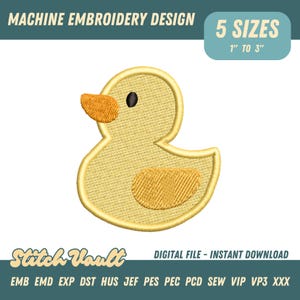 May include: Machine embroidery design of a yellow duck with an orange beak and belly patch. The design is available in 5 sizes, ranging from 1 to 3 inches. The text "MACHINE EMBROIDERY DESIGN" and "5 SIZES" are displayed at the top.