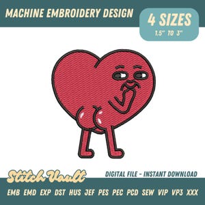 May include: Machine embroidery design featuring a red heart character with a surprised expression. The design is available in 4 sizes, ranging from 1.5 to 3 inches. The image includes the text "Stitch Vault" and "DIGITAL FILE - INSTANT DOWNLOAD".