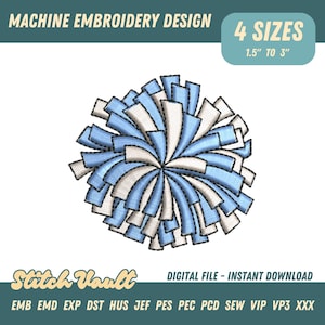May include: Machine embroidery design of a pom-pom in light blue and white, with black stitching. The design is available in 4 sizes, ranging from 1.5" to 3". The image also includes the text "Stitch Vault" and "DIGITAL FILE - INSTANT DOWNLOAD".