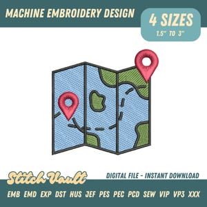 May include: Machine embroidery design of a map with two red location markers. The map is blue with green and black details. The text "4 SIZES 1.5" TO 3"" is in the upper right corner. The text "Stitch Vault" and "DIGITAL FILE - INSTANT DOWNLOAD" are also present.
