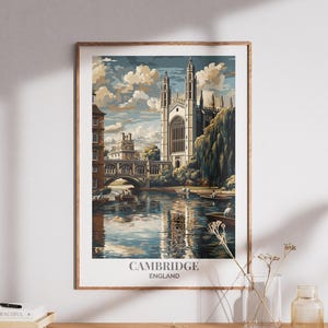 Cambridge posterprint – vintage King&#39;s College Chapel & River Cam poster, Cambridge Travel Wall Art, Cambridge poster, retro Engeland print