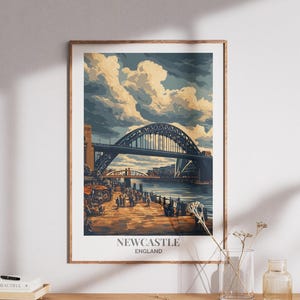Newcastle Poster Print – Tyne Bridge & Quayside Wall Art, Newcastle Travel Poster, Retro Newcastle upon Tyne Print, England Home Decor