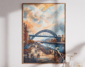 Newcastle Poster Print Watercolours – Tyne Bridge & Quayside Wall Art, Newcastle Travel Poster, Retro Newcastle upon Tyne Print, Watercolor