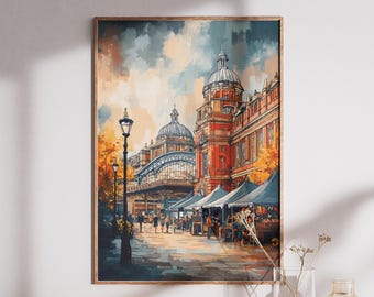 Leeds Poster Print Watercolours – Vintage Kirkgate Market & Town Hall Poster, Leeds Travel Wall Art, Leeds Poster, Watercolor Leeds Print