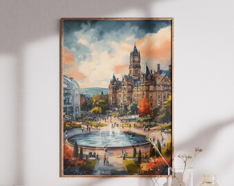 Sheffield Poster Print Watercolours – Vintage Town Hall, Peace Gardens & Peak District Poster, Sheffield Travel Wall Art, Watercolors Print