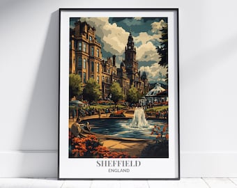 Sheffield Poster Print – Vintage Town Hall, Peace Gardens & Peak District Poster, Sheffield Travel Wall Art, Sheffield Poster, England Print