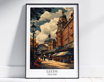 Leeds Poster Print – Vintage Kirkgate Market & Town Hall Poster, Leeds Travel Wall Art, Leeds Poster, Retro England Print, Leeds gift