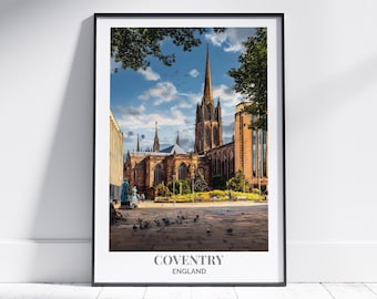 Coventry Poster Print – Vintage Cathedral & City Skyline Poster, Coventry Travel Wall Art, Coventry City Poster, West Midlands Wall Art