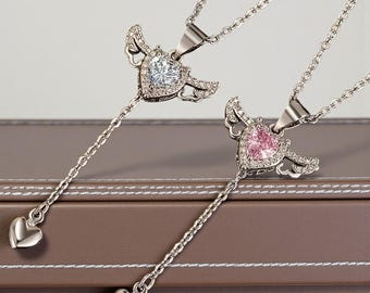 Collana girocollo/collana delicata con cuore e ali d'angelo in argento sterling