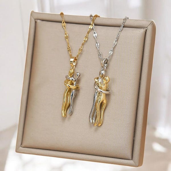 Stainless Steel Couple Hugging Pendant Necklace for Women Men | Silver Color Love Chain Friendship Gift Jewelry