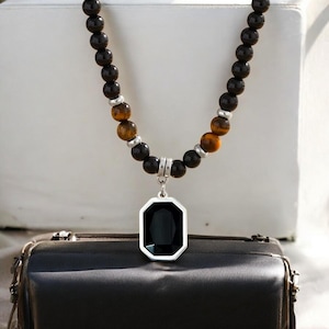 Black Crystal Rosary Necklace – Beaded Cross Pendant, Men’s Religious Jewelry, Catholic Prayer Beads, Faith Necklace Gift