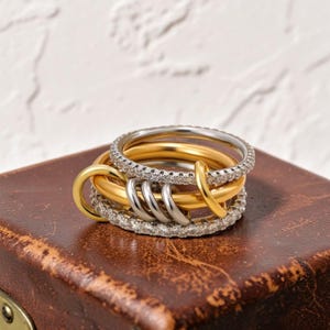 Gold Multi Link CZ Stackable Ring Stainless Steel 18K Gold Plated Statement Ring for Women Connected Band Dainty Jewelry Gift