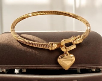 18K Gold Heart Charm Bangle – Stainless Steel Adjustable Cuff