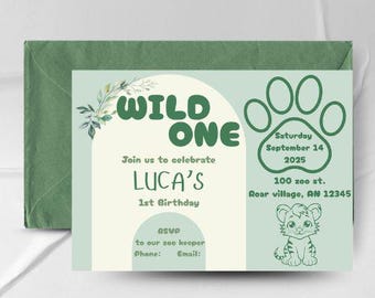 Wild One Safari-verjaardagsuitnodiging: junglethema, bewerkbare sjabloon (digitale download)