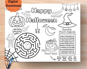 Halloween Activity Sheet for Kids | Maze, Word-Search, Coloring Page (Digital Download)