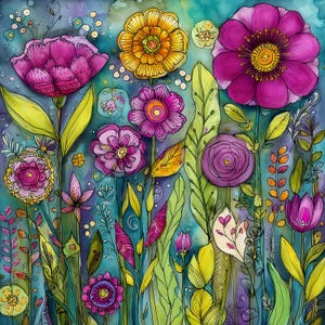 May include: A vibrant watercolor painting of a flower garden. The artwork features large, stylized flowers in shades of pink, purple, and yellow, with green leaves and stems. The background is a blend of blues and greens, creating a whimsical and colorful scene.