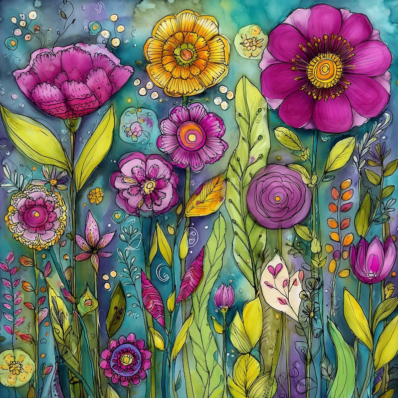 May include: A vibrant watercolor painting of a flower garden. The artwork features large, stylized flowers in shades of pink, purple, and yellow, with green leaves and stems. The background is a blend of blues and greens, creating a whimsical and colorful scene.