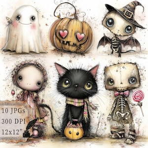 Storybook Halloween Clip Art 10 High Res Watercolor JPGs, Junk Journaling, Scrapbooking, Card Making, Digital Download, Trick or Treat