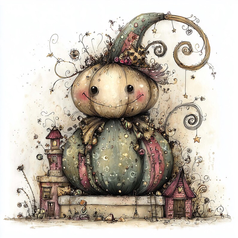 K&ouml;nnte beinhalten: Skurrile Aquarellillustration eines l&auml;chelnden, runden Charakters mit gro&szlig;em Kopf und gemustertem K&ouml;rper in Gr&uuml;n-, Rosa- und Beiget&ouml;nen. Die Figur hat einen langen, lockigen Hut und dekorative Elemente.